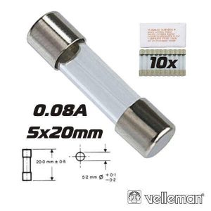 Fusível 5x20 Fusão Lenta 0.08a (10X) VELLEMAN - (FU0.08N)