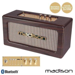Coluna Bluetooth Vintage 2x10W USB Mogno Madison - (MAD-VINTAGE-WD)