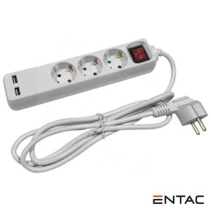 Extensão Elétrica 3xSchuko 2xUSB-A C/ Interruptor 1.5m ENTAC - (ESE1.5G3-1.5-USB)