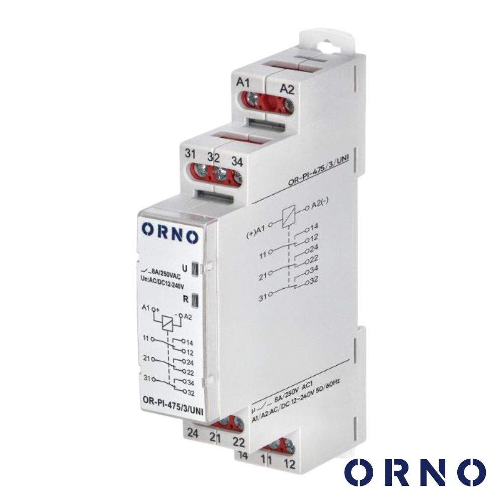 Contactor Energia Monofásico 230V 8A 3 Módulos DIN ORNOO - (OR-PI-475/3/UNI)