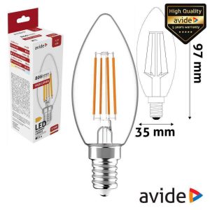 Lâmpada LED E14 Vela Filamento 6.5W 230V 3000K 806lm AVIDE - (ABLFC14WW-HL-6.5W)