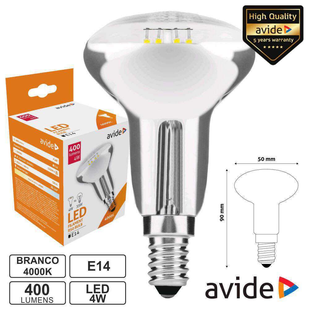 Lâmpada LED E14 R50 Filamento 4W 230V 4000k 400lm AVIDE - (ABLFR50NW-4W)