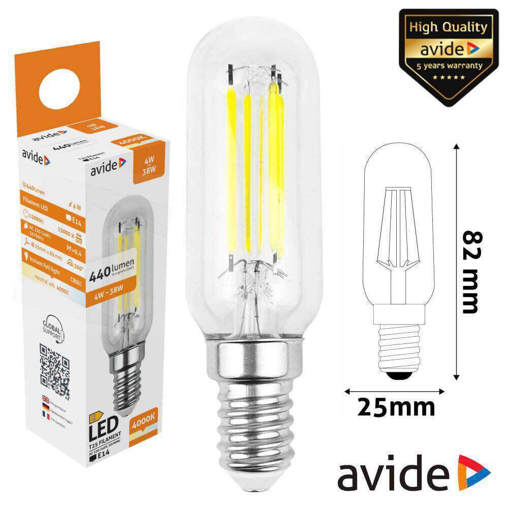 Lâmpada LED E14 T25 Filamento 4W 230V 4000K 440lm AVIDE - (ABLFT25NW-4W)