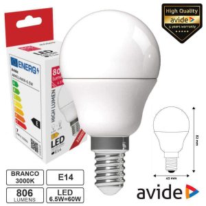 Lâmpada LED E14 Globo G45 6.5W 230V 3000K 806lm AVIDE - (ABMG14WW-6.5W)