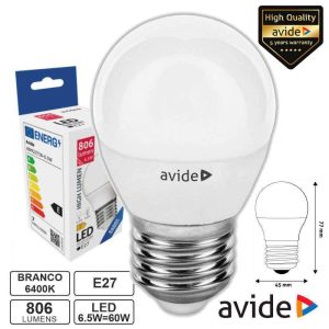 Lâmpada LED E27 Globo G45 6.5W 230V 6400K 806lm AVIDE - (ABMG27CW-6.5W)