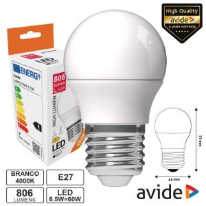 Lâmpada LED E27 Globo G45 6.5W 230V 4000K 806lm AVIDE - (ABMG27NW-6.5W)