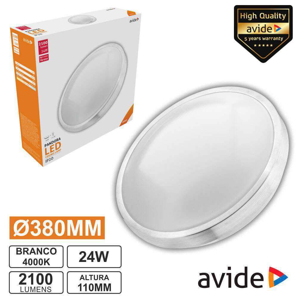Aplique LED Redondo 24W 380mm 4000K 2100lm Pandora AVIDE - (ACLO38NW-24W-ALU)