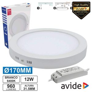 Painel LEDS Redondo Superfície 12W 170mm 6400k 960lm AVIDE - (ACSMCW-R-12W-ALU)