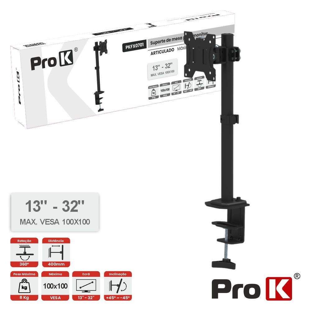 Suporte Monitor Mesa 13-32" 8kg Vesa 100x100 PROK - (PKFX0701)