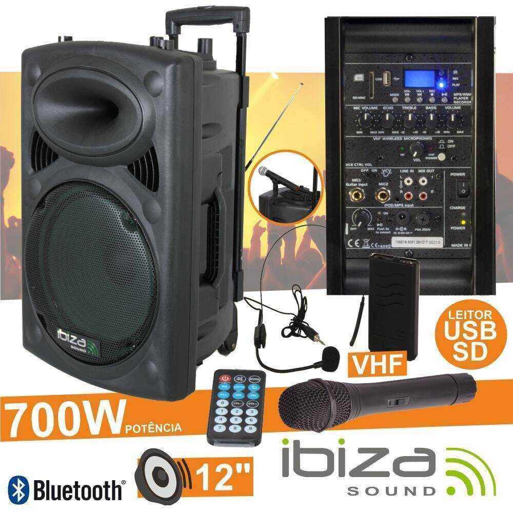 Coluna Amplificada 12" 700W USB/BT/SD/BAT VHF Preta IBIZA - (PORT12VHF-BT)