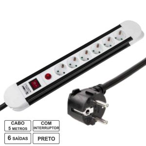 Tomada Elétrica C/ 6 Saídas Interruptor 5m Preto - (TE6CB5(L))