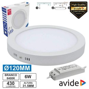 Painel LEDS Redondo Superfície 6W 120mm 6400k 430lm AVIDE - (ACSMCW-R-6W-ALU)