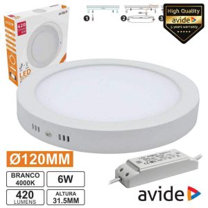Painel LEDS Redondo Superfície 6W 120mm 4000k 420lm AVIDE - (ACSMNW-R-6W-ALU)
