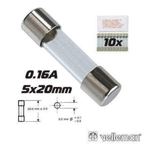 Fusível 5x20 Fusão Lenta 0.16a (10X) VELLEMAN - (FU0.16N)