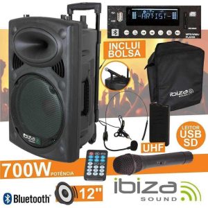 Coluna Amplificada 12" 700W USB/BT/SD/Bat Uhf Preta IBIZA - (PORT12UHF-BT)