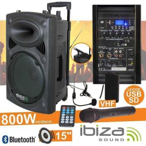 Coluna Amplificada 15" 800W USB/BT/SD/Bat Vhf Preta IBIZA - (PORT15VHF-BT)