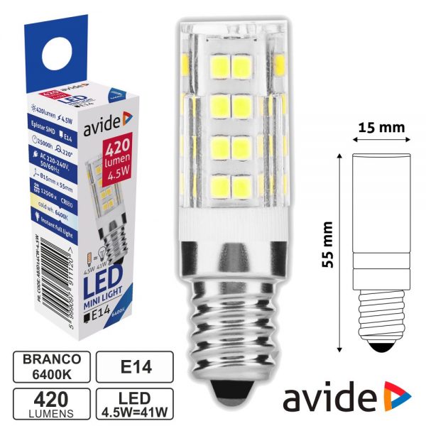 Lâmpada LED E14 JD 4.5W 230V 6400K 420lm AVIDE - (ABJD14CW-4.5W)