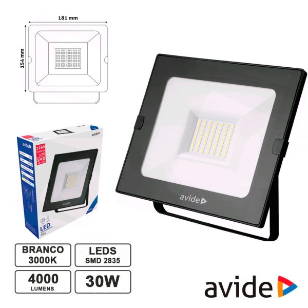Foco LED 30W 230V 6400K 2260lm Preto IP65 AVIDE - (ABSSFLCW-30W)
