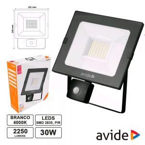 Foco LED 30W 230V C/ Sensor 4000k 2250lm Preto IP44 AVIDE - (ABSSFLNW-30W-PIR)