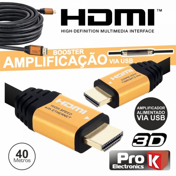 Cabo HDMI Dourado Macho / Macho C/ Amplificador 40m PROK - (CHDMI40ACT)
