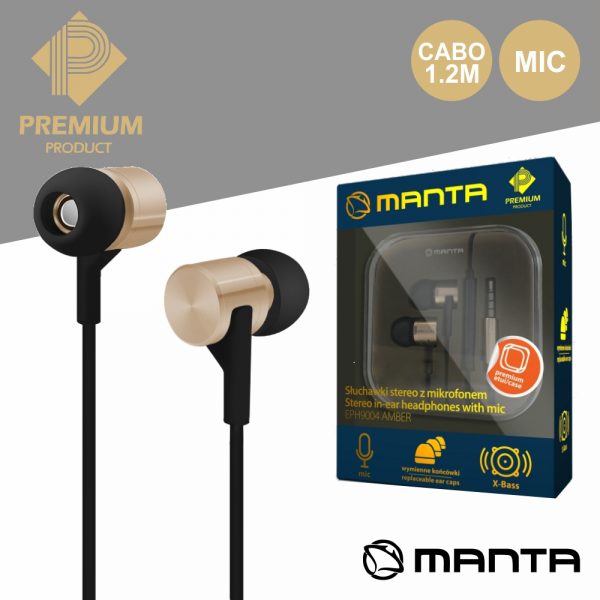 Auscultadores Stereo C/ Mic Dourado Premium MANTA - (EPH9004)