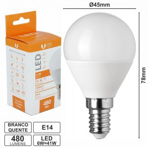 Lâmpada E14 6W=41W 230V LEDS SMD Globo Branco Quente 480lm - (LLE14G06WW(F))
