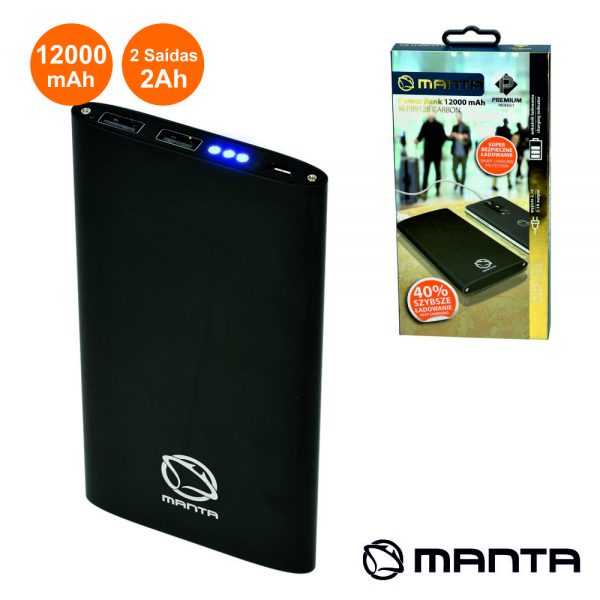 Powerbank 12000ma C/ Ficha Micro USB Preto MANTA - (MPB912B)