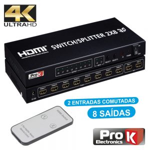 Distribuidor HDMI Amplificado 2 Entradas 8 Saídas 4k PROK - (PK-HDMI2E8S)