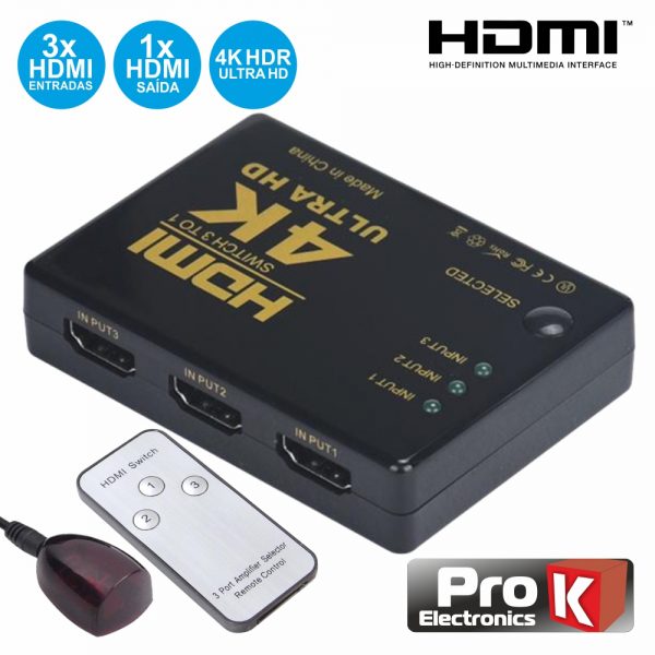 Distribuidor HDMI Amplificado 3 Entradas 1 Saída Ir PROK - (PK-HDMI3E1SIR)