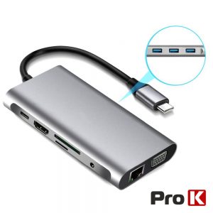 Hub USB-C P/ USB-C/ 3xUSB / VGA / HDMI / Audio/ RJ45/Cartões - (PK-USBC-10IN1)